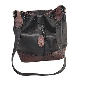 Guerriero Italy Black Leather Brown Snake Print Designer Bucket Shoulder Bag